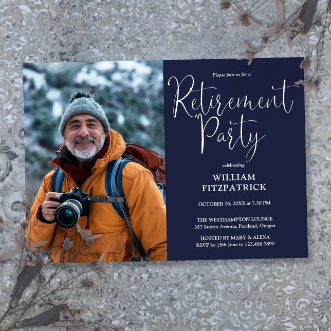 Convite Marinho Blue Elegant Script Photo Retirement Party (Navy Blue Elegant Script Photo Retirement Party Invitation)