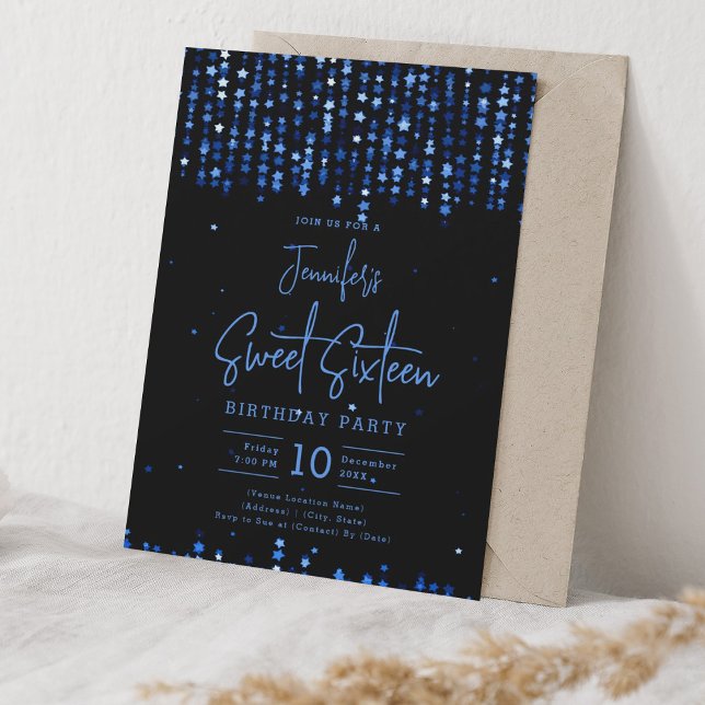Convite Marinho Blue Falling Stars Sweet 16 Festa de anive (Navy Blue Falling Stars Sweet 16 Birthday Party Invitation)