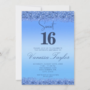 Convite Marinho Blue Faux Glitter Sweet 16 Aniversário