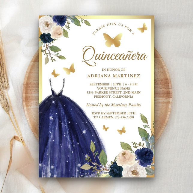 Convite Marinho Blue Floral Borboleta Dourada Quinceanera (Criador carregado)