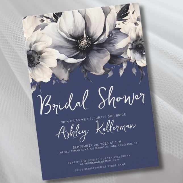 Convite Marinho Blue Floral Chá de panela Party (Watercolor Floral Navy Blue Bridal Shower Party Invitation)