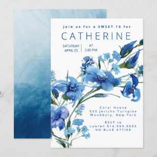 Convite Marinho Blue Floral Sweet 16 Party
