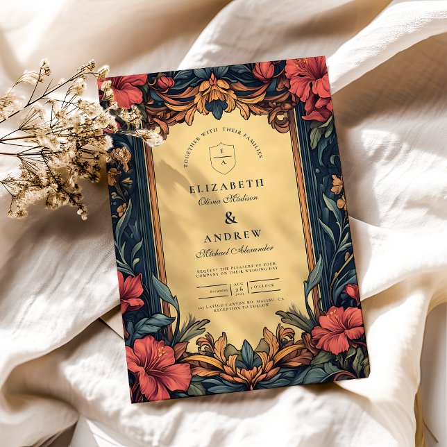 Convite Marinho Blue Floral Wedding Art Nouveau (Criador carregado)