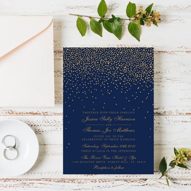 Convite Marinho Blue & Glam Dourado Casamento Confetti (Criador carregado)