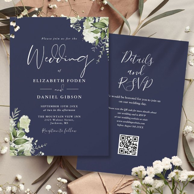 Convite Marinho Blue Greenery Floral Código QR Casamento (Navy Blue Greenery Floral QR Code Wedding Invitation)