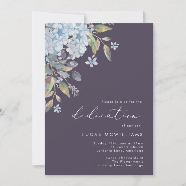 Convite Marinho Blue Hydrangeas Baby Dedication (Frente)