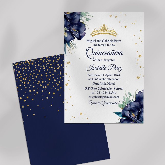 Convite Marinho Blue Iris e Glitter Tiara Quinceanera (Navy Blue Iris and Glitter Tiara Quinceanera Invitation on off-white background.)