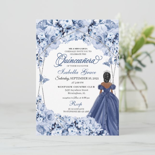 Convite Marinho Blue Lush Rosas Princesa Quinceañera (Em pé/Frente)