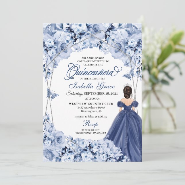 Convite Marinho Blue Lush Rosas Princesa Quinceañera (Em pé/Frente)