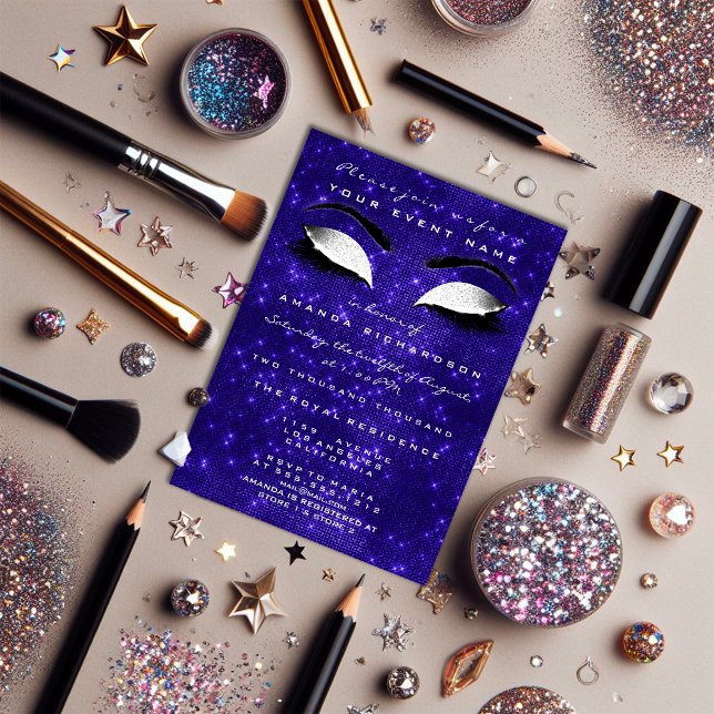 Convite Marinho Blue Makeup White Sparkly Glitter 16ª Brid (Navy Blue Makeup White Sparkly Glitter 16th Bridal Invitation)