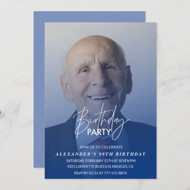 Convite Marinho Blue Men Foto 98ª festa de aniversário (Frente/Verso)