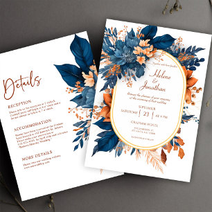 Convite Marinho Blue Orange Floral Elegante Tudo Em Um Cas