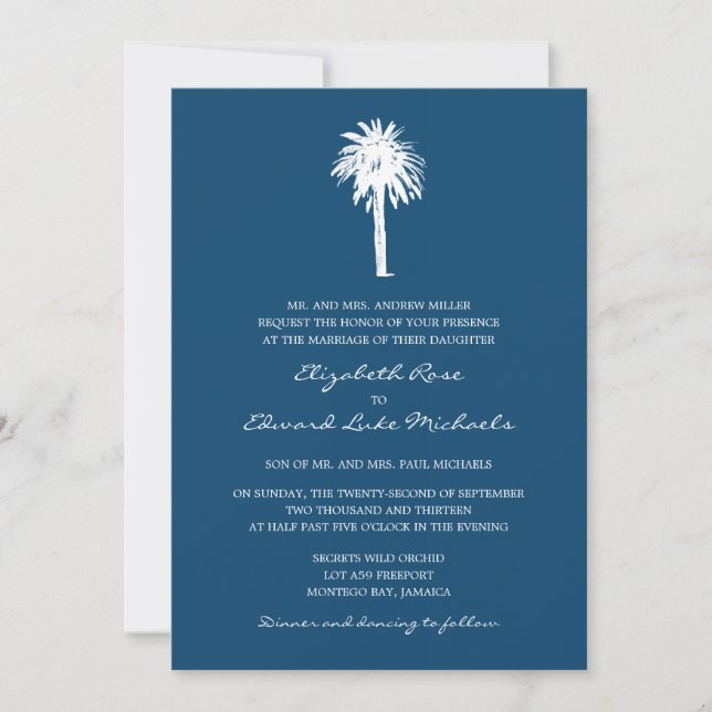 Convite Marinho Blue Palm Tree Casamento (Frente)
