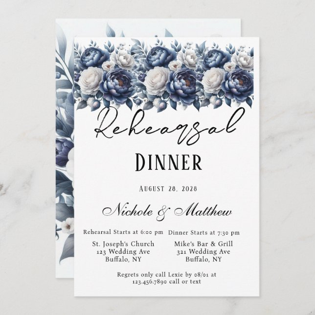 Convite Marinho Blue Peonies & White Rose Janto de ensaio (Frente/Verso)