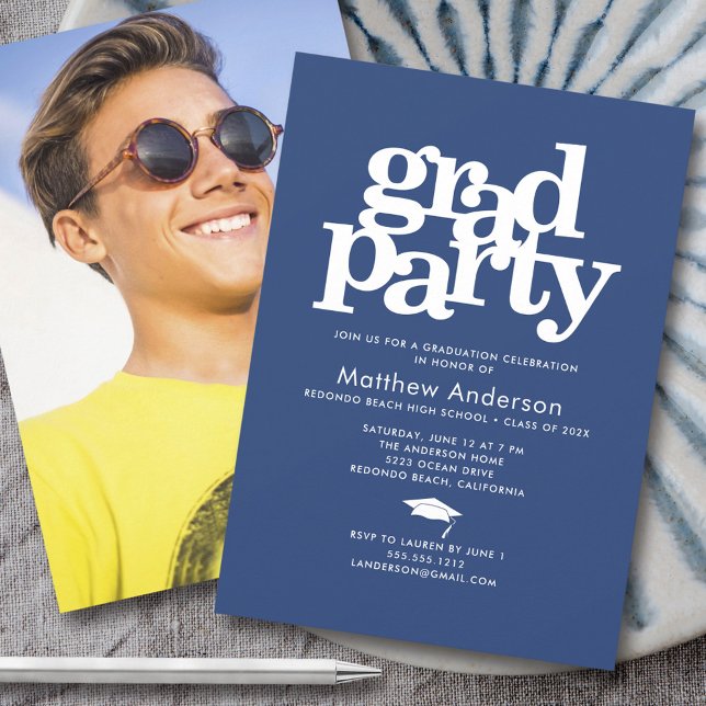 Convite Marinho Blue Photo Formando Party Bold Typografia  (Criador carregado)