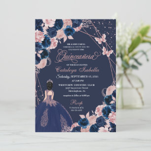Convite Marinho Blue & Pink Butterfly Princess Quinceanera