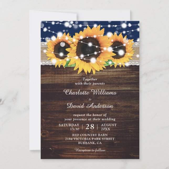 Convite Marinho Blue Rustic Burlap and Lace Sunflower Weds (Frente)