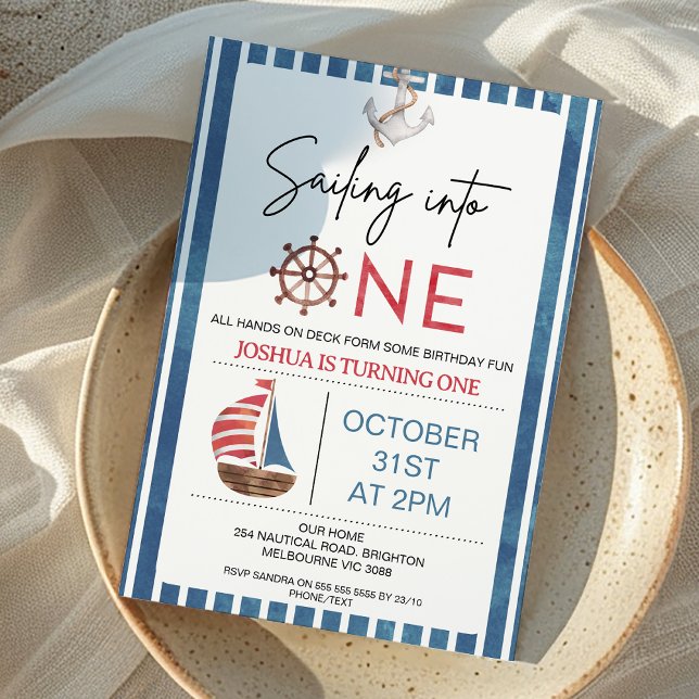 Convite Marinho Blue Sailboat navegando em um primeiro ani (Navy Blue and Red Sailing into One First Birthday Invitation Nautical Sailing into One 1st Birthday)