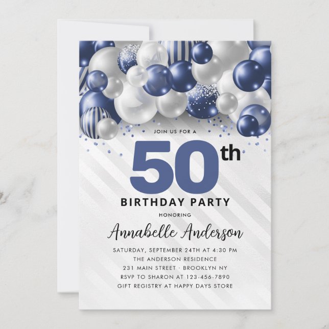 Convite Marinho Blue Silver Balloon Glitter 50º Aniversári (Frente)