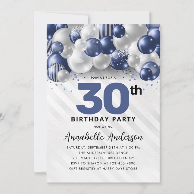 Convite Marinho  Blue Silver Balloon Glitter aniversário d (Frente)