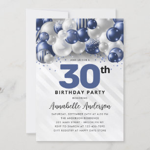 Convite Marinho Blue Silver Balloon Glitter aniversário d