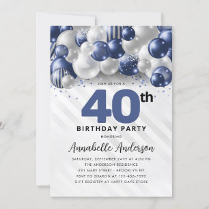 Convite Marinho Blue Silver Balloon Glitter aniversário d
