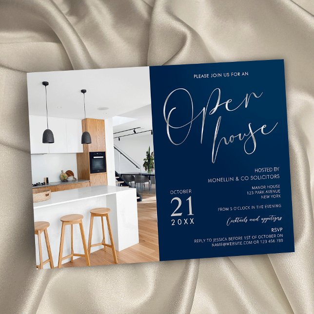 Convite Marinho Blue & Silver Business Open House Uma Foto (Navy and faux silver business open house photo invitation with modern script fonts)