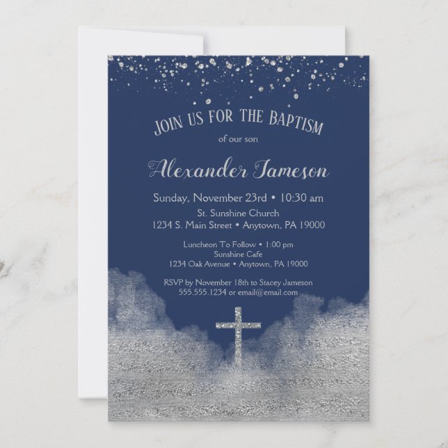Convite Marinho Blue Silver Confetti Baptism (Frente)