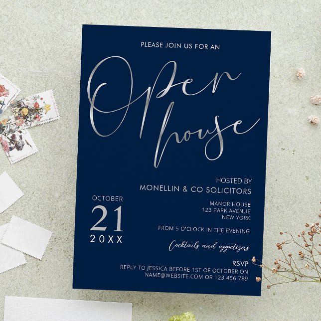 Convite Marinho Blue & Silver Elegante Open House (Navy blue and faux silver company open house event invitations)