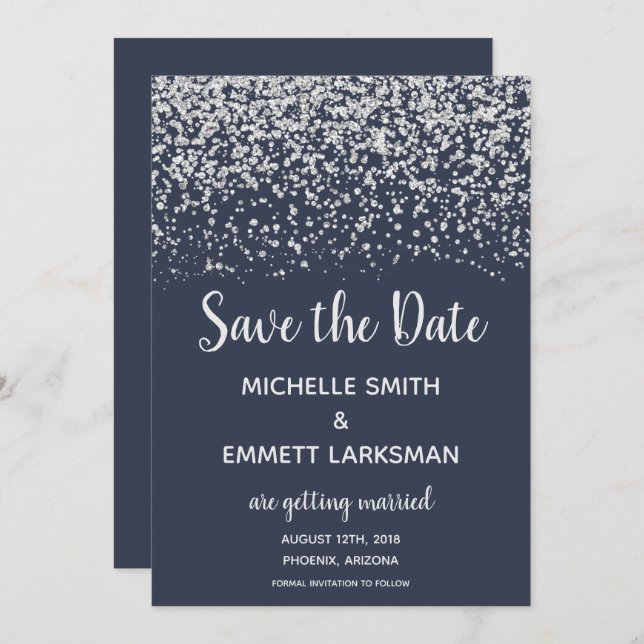 Convite Marinho Blue Silver Glitter Elegant Guarde a Data (Frente/Verso)
