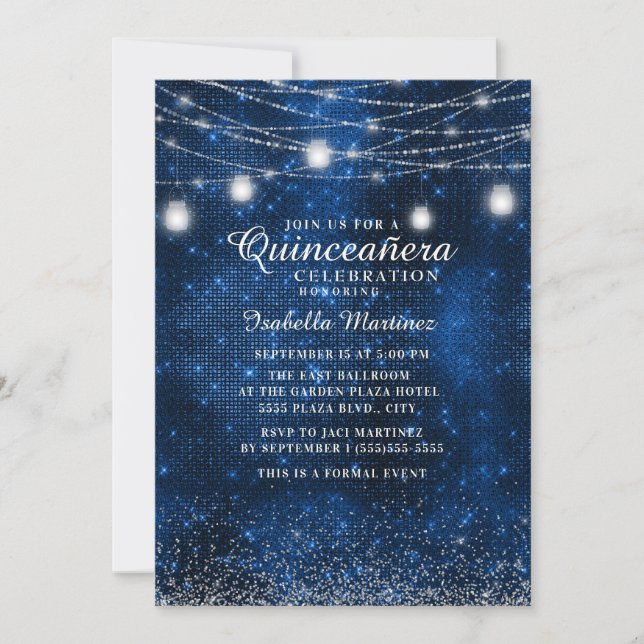 Convite Marinho Blue Silver Glitter String Light Quinceañe (Frente)
