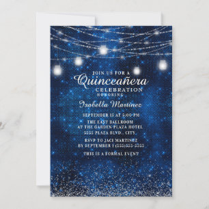 Convite Marinho Blue Silver Glitter String Light Quinceañe