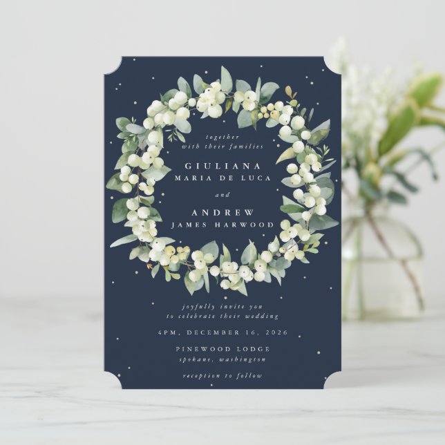 Convite Marinho Blue Snowberry+Eucalyptus Wreath Casamento (Em pé/Frente)
