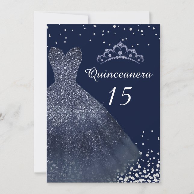 Convite Marinho Blue Sparkle Gress Quinceanera Party (Frente)