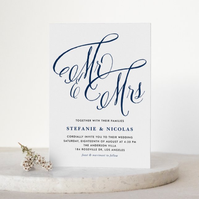 Convite Marinho Blue Sra. e Sra. Rustic Script QR Code Wed (Navy Blue Mrs and Mrs Rustic Calligraphy QR Code Wedding Invitation)