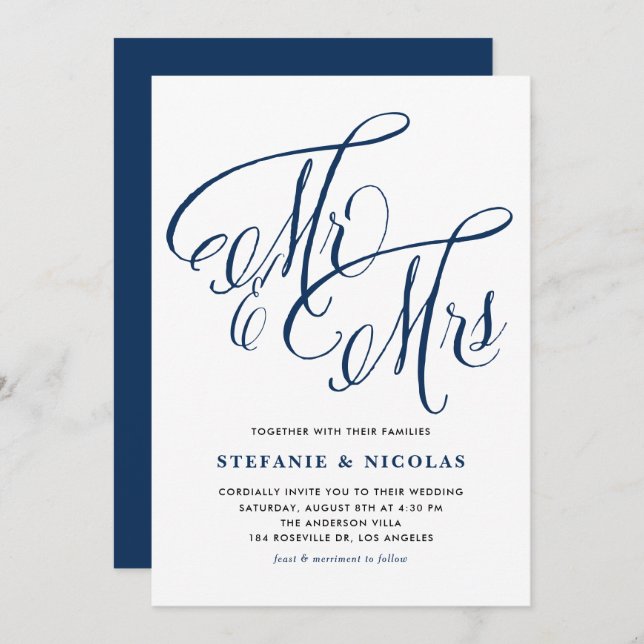 Convite Marinho Blue Sra. e Sra. Rustic Script Wedding (Frente/Verso)
