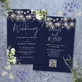 Convite Marinho Blue String Lights Floral Código QR Casame
