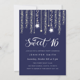 Convite Marinho Blue String Lights Sweet 16 Invitation