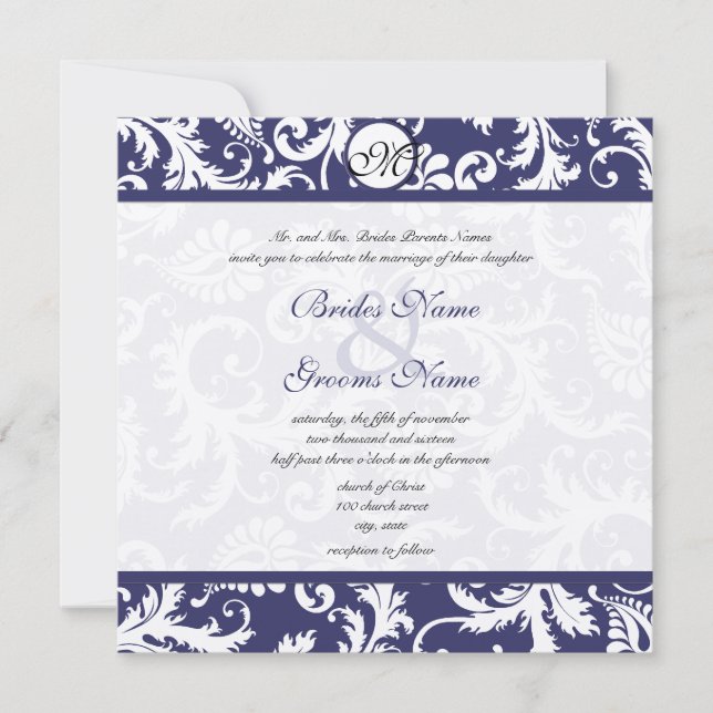 Convite Marinho Blue Vintage Floral Damask Monograma Casam (Frente)