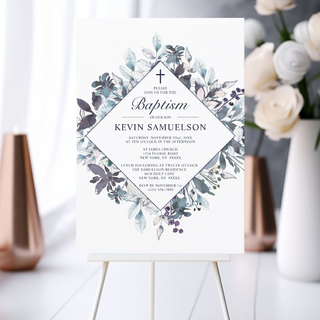 Convite Marinho Blue Watercolor Baptism Christening (Navy Blue Watercolor Baptism Christening Boy Invitation)