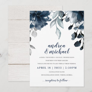 Convite Marinho Blue Watercolor Buquê Floral Casamento