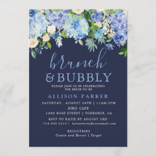 Convite Marinho Blue Watercolor Hydrangea Brunch e Bubble