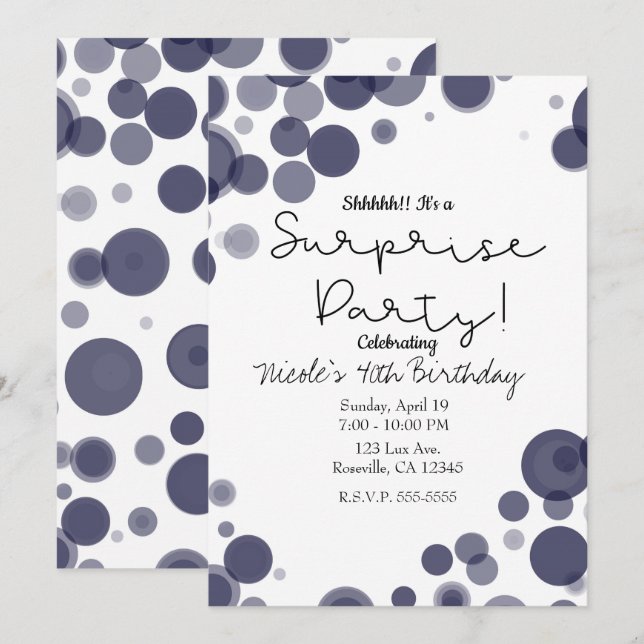 Convite Marinho Blue White Bolinhas Bubbles Surprise Party (Frente/Verso)