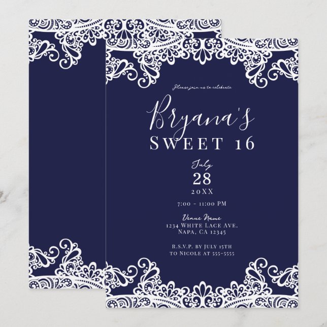 Convite Marinho Blue & White Lace Elegante Sweet 16 Party (Frente/Verso)