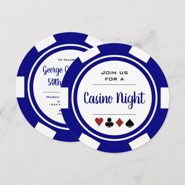 Convite Marinho Blue White Poker Chip Casino Night Birday (Frente/Verso)