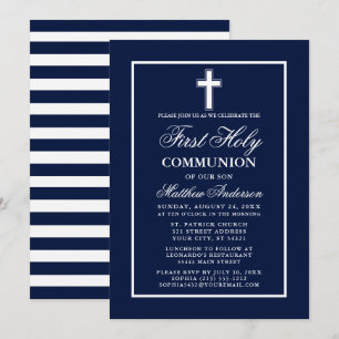 Convite Marinho Blue White Stripes Primeira Comunhão Sagr