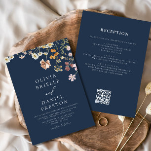 Convite Marinho Blue Wildflower All in One QR Code Weding