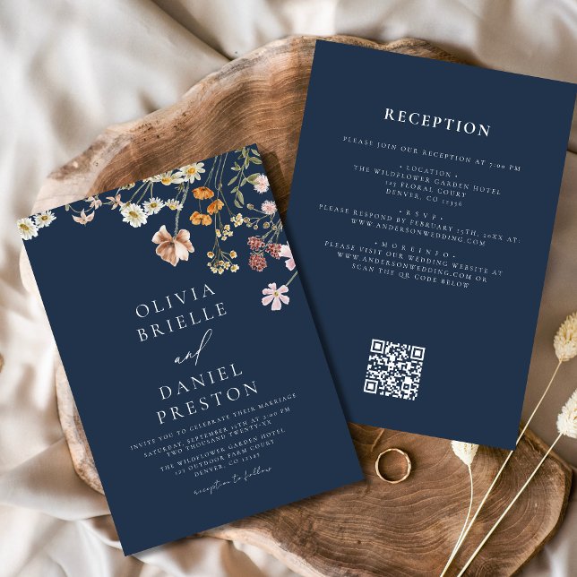 Convite Marinho Blue Wildflower All in One QR Code Weding (Criador carregado)