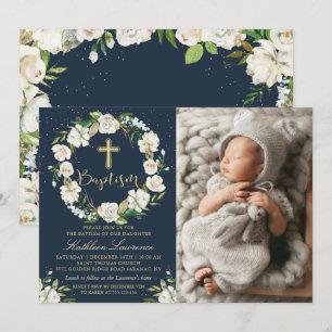 Convite Marinho Blue Winter Floral Girl Baptism Photo