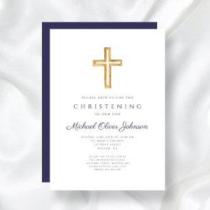 Convite Marinho Blue Wood Cross Religião Boy Christening